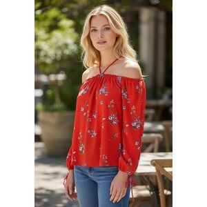 Trendy IS Red Floral Print Off Shoulder Long Sleeve Halter Top - M